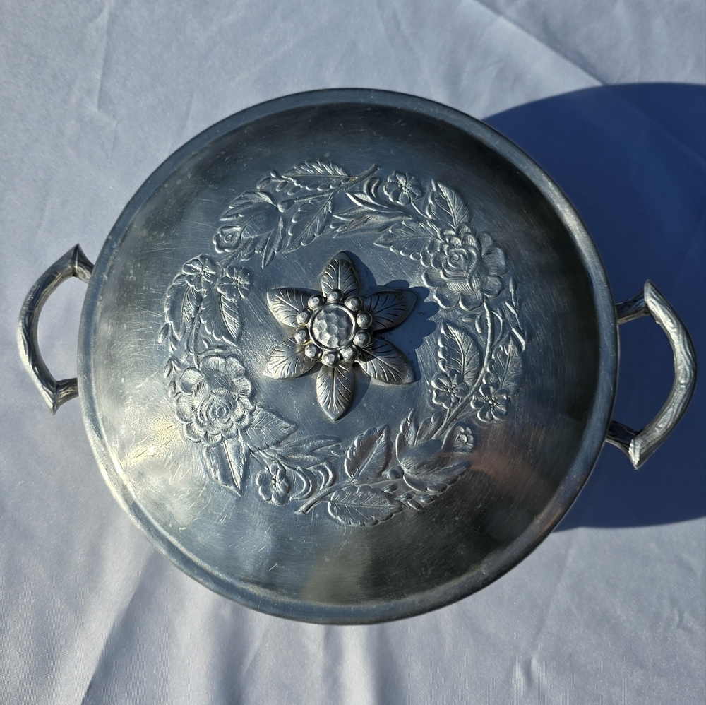 RARE Vintage Covered Serving Dish w/ Glass Divided Insert – Floral Lid – 3 Piece